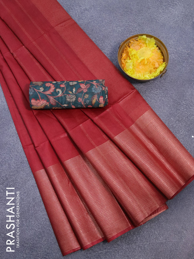 Semi tussar saree red and dark green with plain body and long copper zari woven border & kalamkari printed blouse