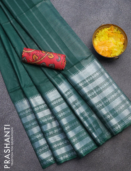 Semi tussar saree green and tomato red with plain body and silver zari woven border & kalamkari printed blouse