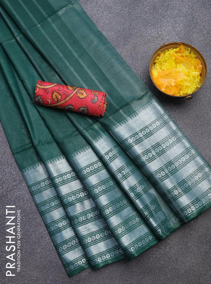 Semi tussar saree green and tomato red with plain body and silver zari woven border & kalamkari printed blouse