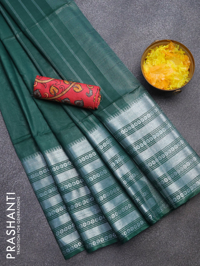 Semi tussar saree green and tomato red with plain body and silver zari woven border & kalamkari printed blouse