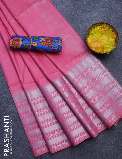 Semi tussar saree light pink and royal blue with plain body and silver zari woven border & kalamkari printed blouse