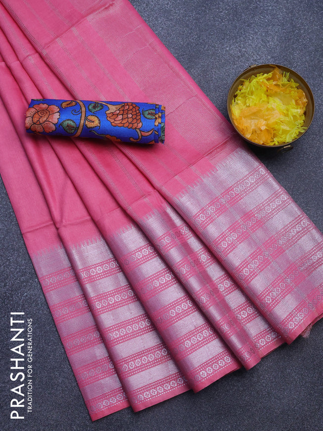 Semi tussar saree light pink and royal blue with plain body and silver zari woven border & kalamkari printed blouse