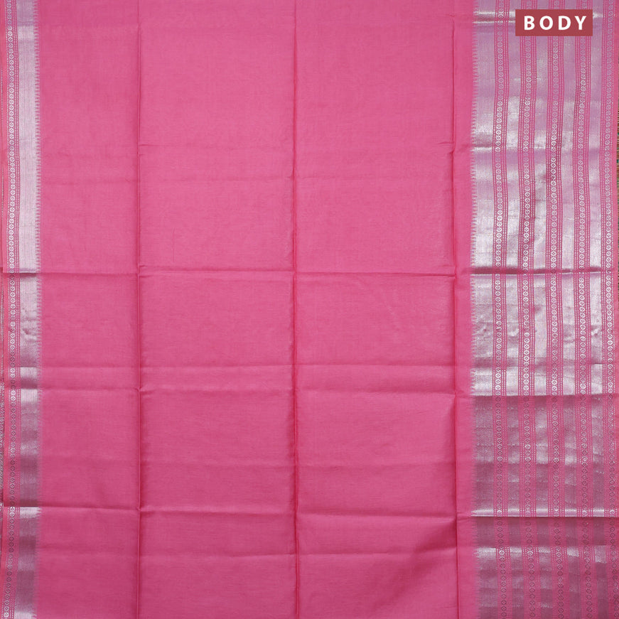 Semi tussar saree light pink and royal blue with plain body and silver zari woven border & kalamkari printed blouse