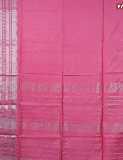 Semi tussar saree light pink and royal blue with plain body and silver zari woven border & kalamkari printed blouse