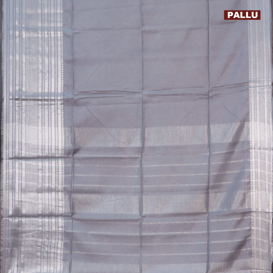 Semi tussar saree grey and mustard yellow with plain body and long silver zari woven border & kalamkari printed blouse
