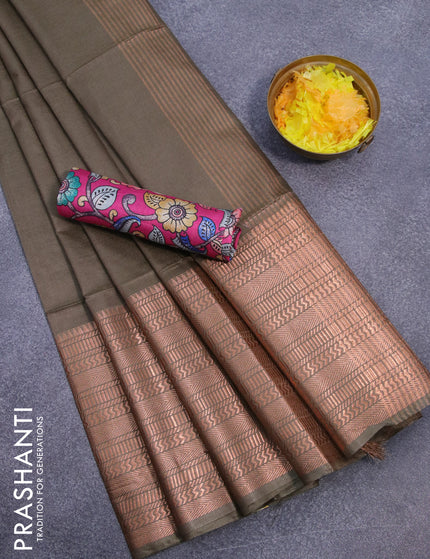 Semi tussar saree military green shade and pink with plain body and long copper zari woven border & kalamkari printed blouse