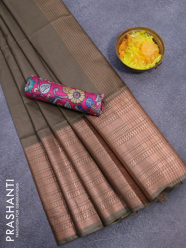 Semi tussar saree military green shade and pink with plain body and long copper zari woven border & kalamkari printed blouse