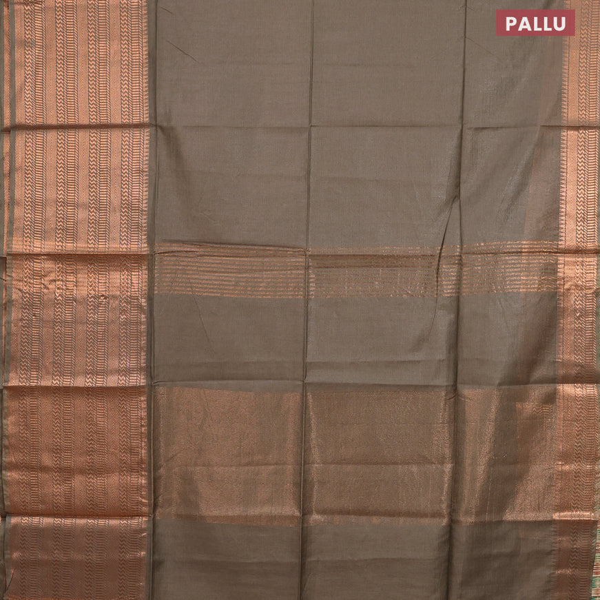 Semi tussar saree military green shade and pink with plain body and long copper zari woven border & kalamkari printed blouse