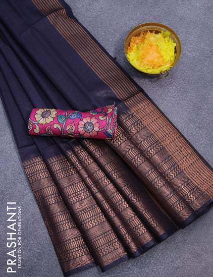 Semi tussar saree dark navy blue and pink with plain body and long copper zari woven border & kalamkari printed blouse