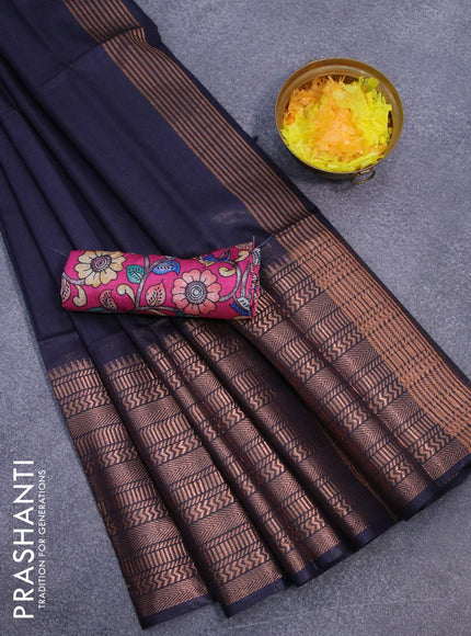 Semi tussar saree dark navy blue and pink with plain body and long copper zari woven border & kalamkari printed blouse