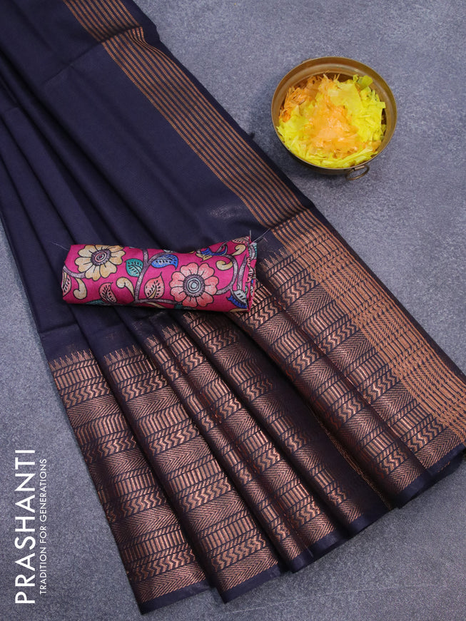 Semi tussar saree dark navy blue and pink with plain body and long copper zari woven border & kalamkari printed blouse