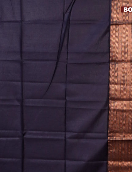 Semi tussar saree dark navy blue and pink with plain body and long copper zari woven border & kalamkari printed blouse