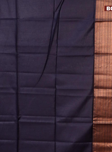 Semi tussar saree dark navy blue and pink with plain body and long copper zari woven border & kalamkari printed blouse