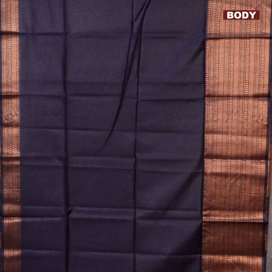 Semi tussar saree dark navy blue and pink with plain body and long copper zari woven border & kalamkari printed blouse