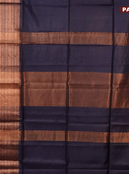 Semi tussar saree dark navy blue and pink with plain body and long copper zari woven border & kalamkari printed blouse