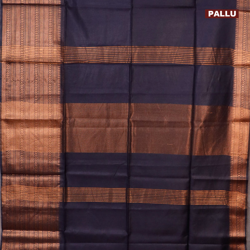 Semi tussar saree dark navy blue and pink with plain body and long copper zari woven border & kalamkari printed blouse