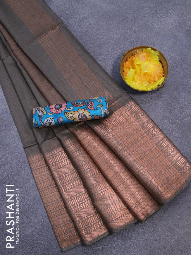 Semi tussar saree grey and blue with plain body and long copper zari woven border & kalamkari printed blouse