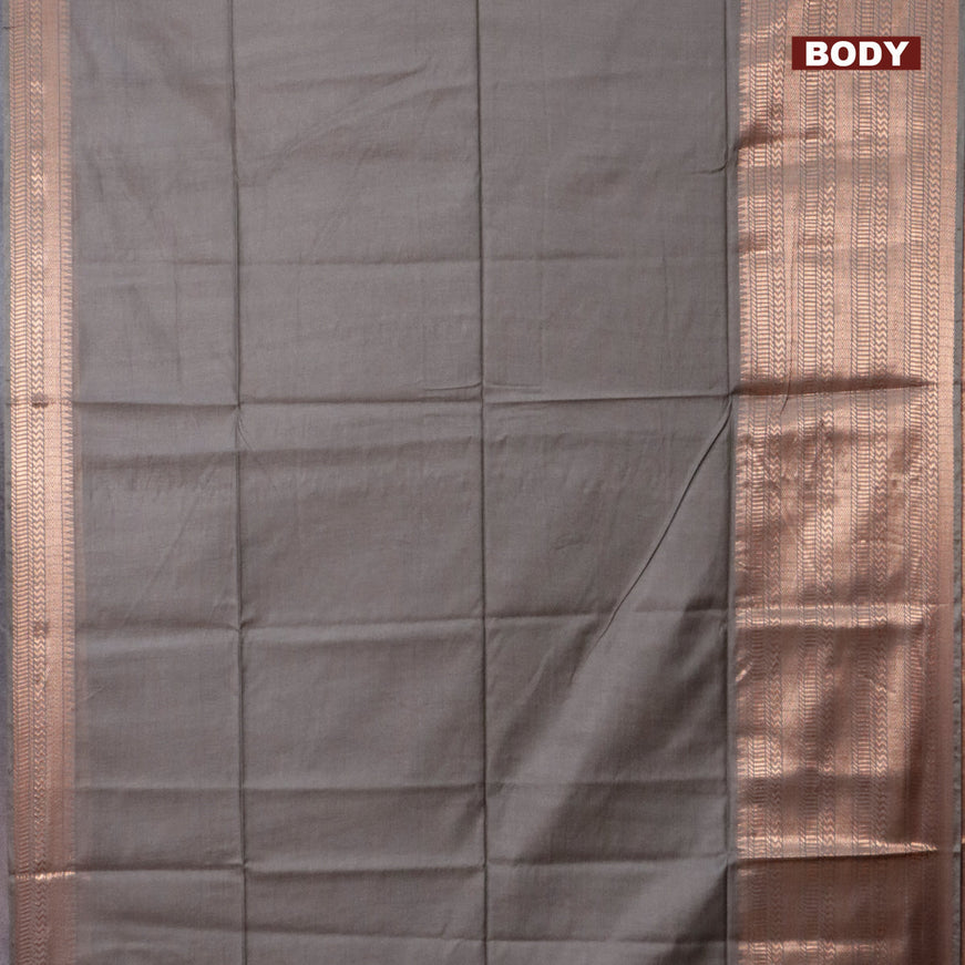 Semi tussar saree grey and blue with plain body and long copper zari woven border & kalamkari printed blouse