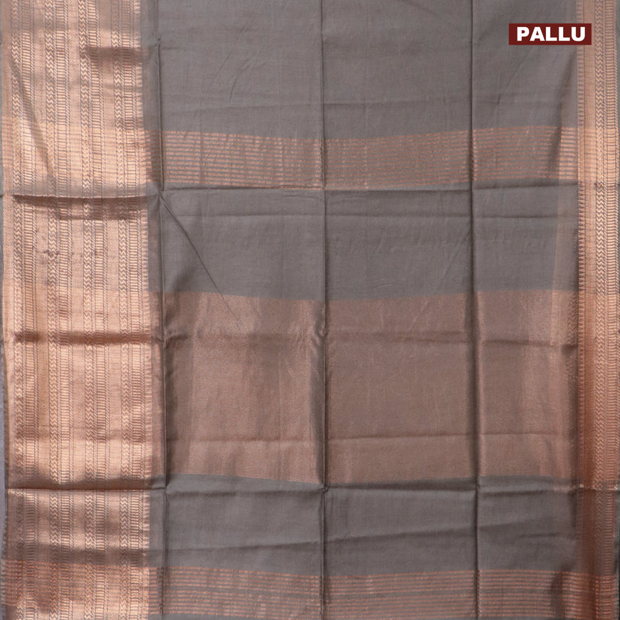 Semi tussar saree grey and blue with plain body and long copper zari woven border & kalamkari printed blouse