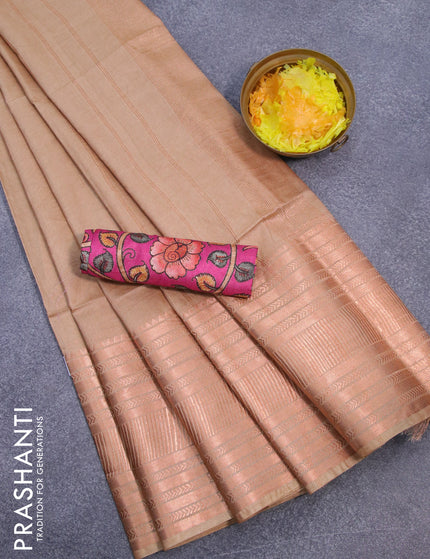 Semi tussar saree sandal and pink with plain body and copper zari woven border & kalamkari printed blouse