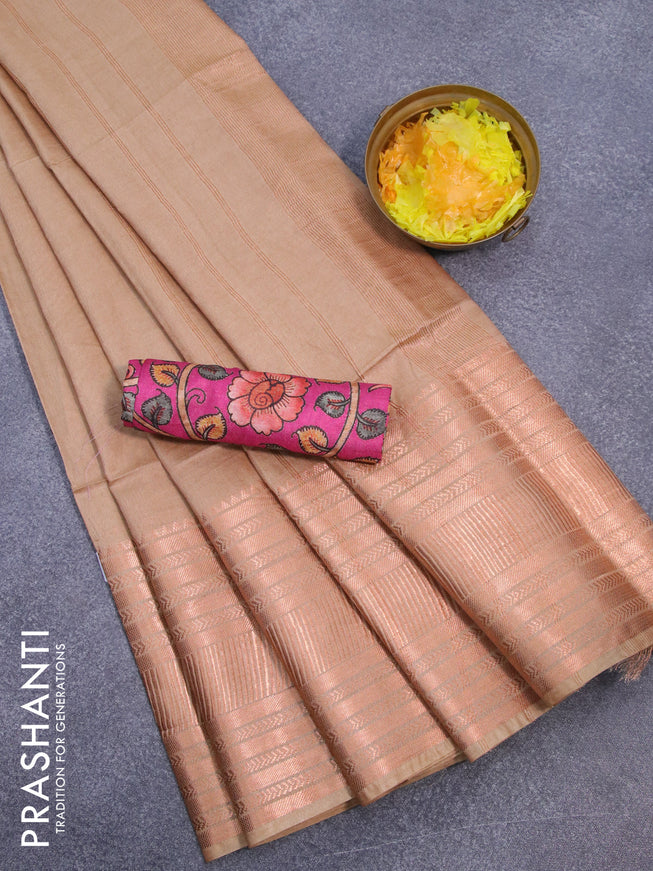 Semi tussar saree sandal and pink with plain body and copper zari woven border & kalamkari printed blouse