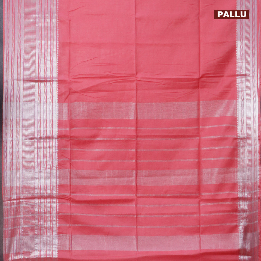 Semi tussar saree pink and royal blue with plain body and silver zari woven border & kalamkari printed blouse