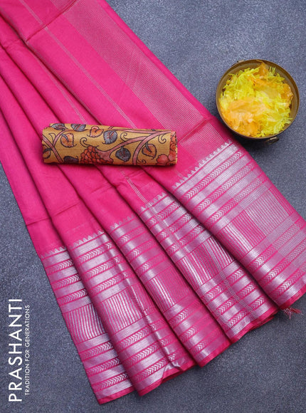 Semi tussar saree pink and mustard yellow with plain body and silver zari woven border & kalamkari printed blouse