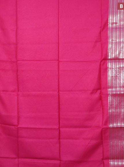 Semi tussar saree pink and mustard yellow with plain body and silver zari woven border & kalamkari printed blouse