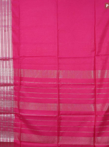 Semi tussar saree pink and mustard yellow with plain body and silver zari woven border & kalamkari printed blouse