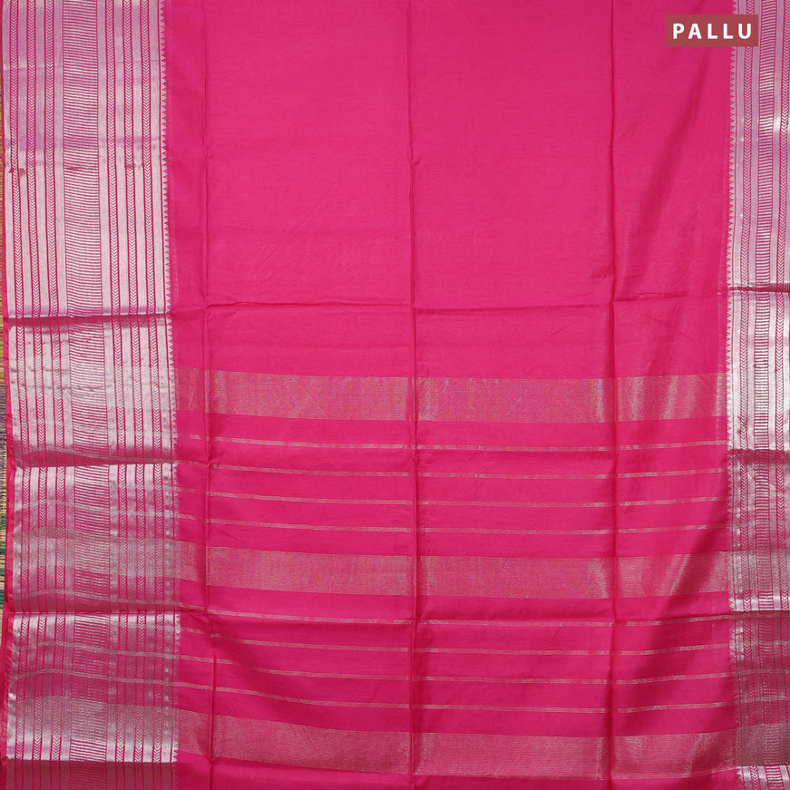 Semi tussar saree pink and mustard yellow with plain body and silver zari woven border & kalamkari printed blouse