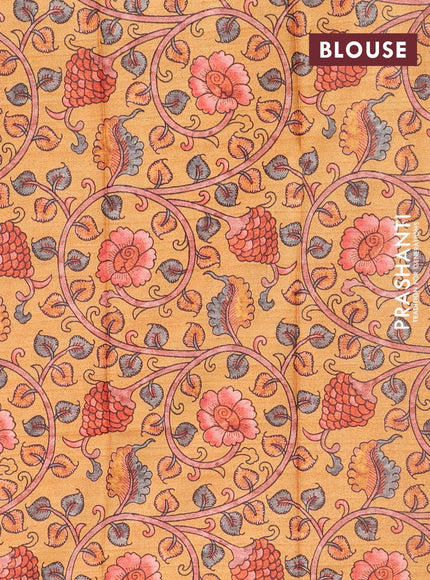 Semi tussar saree pink and mustard yellow with plain body and silver zari woven border & kalamkari printed blouse