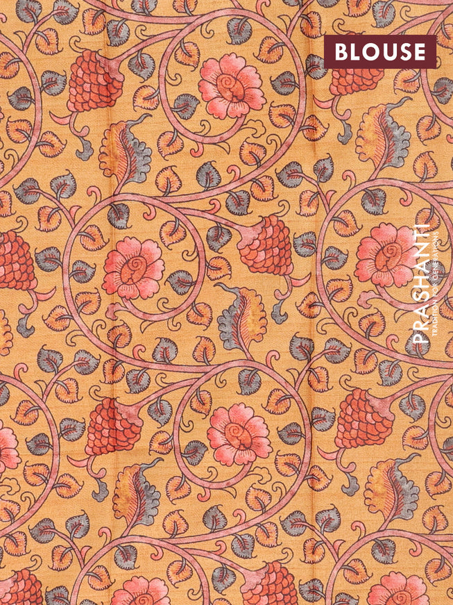 Semi tussar saree pink and mustard yellow with plain body and silver zari woven border & kalamkari printed blouse