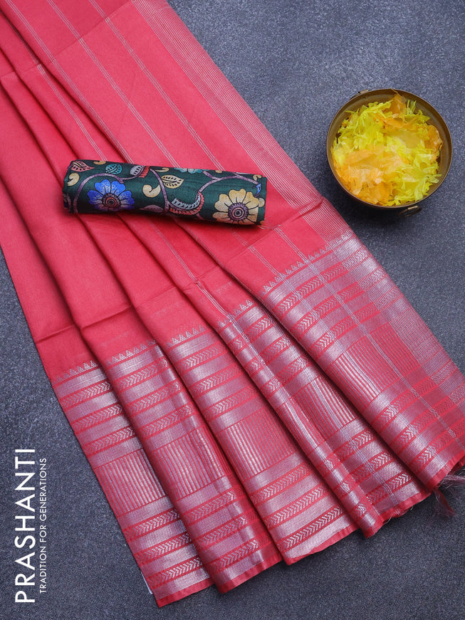 Semi tussar saree pink shade and green with plain body and silver zari woven border & kalamkari printed blouse