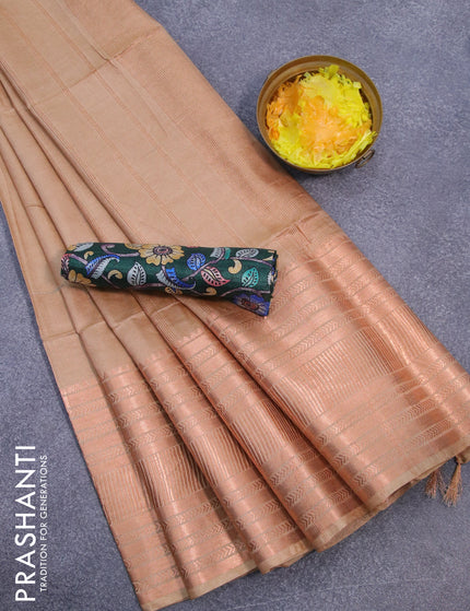 Semi tussar saree sandal and dark green with plain body and copper zari woven border & kalamkari printed blouse