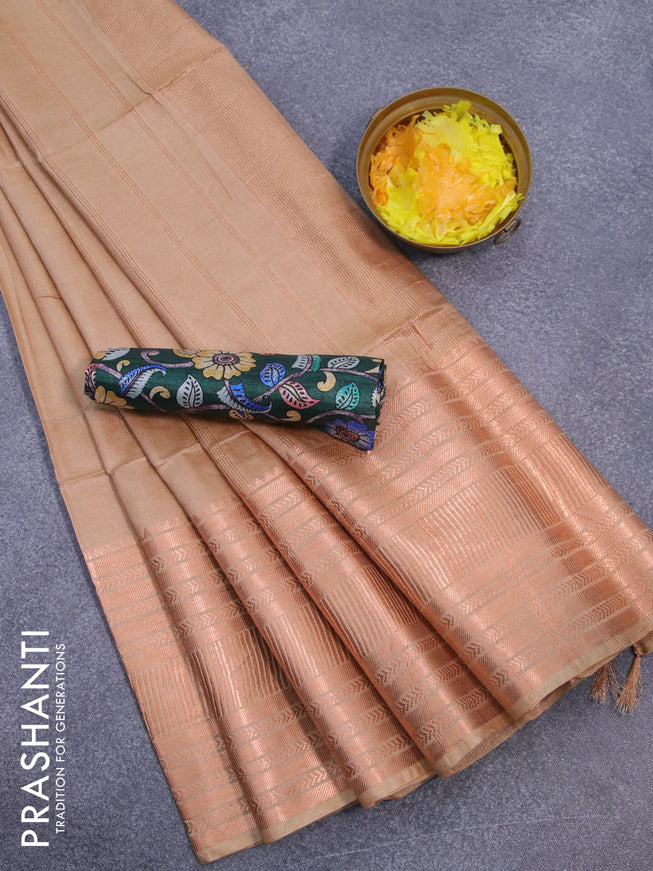 Semi tussar saree sandal and dark green with plain body and copper zari woven border & kalamkari printed blouse