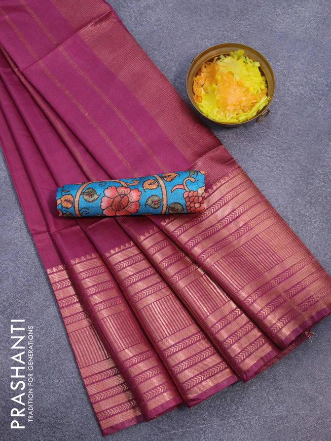 Semi tussar saree magenta pink and teal blue with plain body and copper zari woven border & kalamkari printed blouse