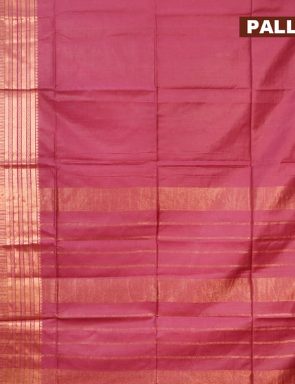 Semi tussar saree magenta pink and teal blue with plain body and copper zari woven border & kalamkari printed blouse