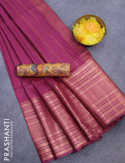 Semi tussar saree magenta pink and mustard yellow with plain body and copper zari woven border & kalamkari printed blouse