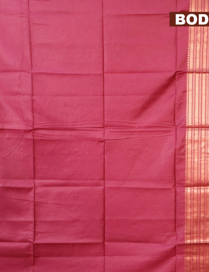 Semi tussar saree magenta pink and mustard yellow with plain body and copper zari woven border & kalamkari printed blouse