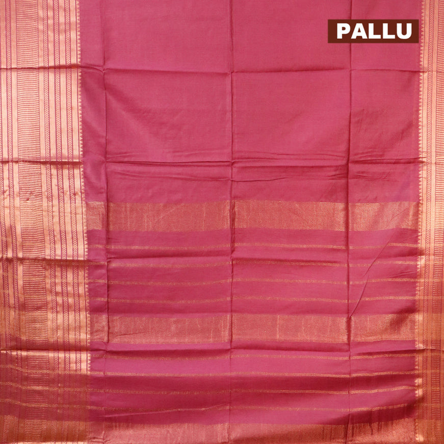 Semi tussar saree magenta pink and mustard yellow with plain body and copper zari woven border & kalamkari printed blouse