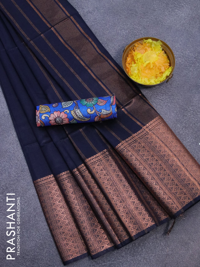 Semi tussar saree navy blue and royal blue with plain body and long copper zari woven border & kalamkari printed blouse