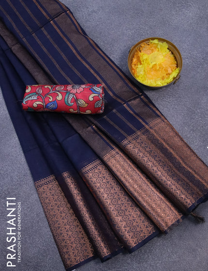 Semi tussar saree navy blue and tomato pink with plain body and long copper zari woven border & kalamkari printed blouse