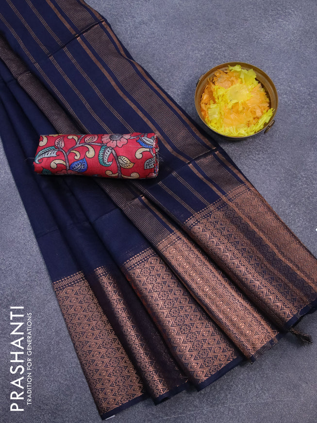 Semi tussar saree navy blue and tomato pink with plain body and long copper zari woven border & kalamkari printed blouse