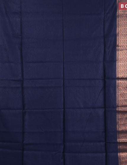 Semi tussar saree navy blue and tomato pink with plain body and long copper zari woven border & kalamkari printed blouse