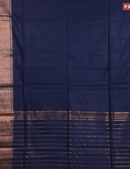 Semi tussar saree navy blue and tomato pink with plain body and long copper zari woven border & kalamkari printed blouse