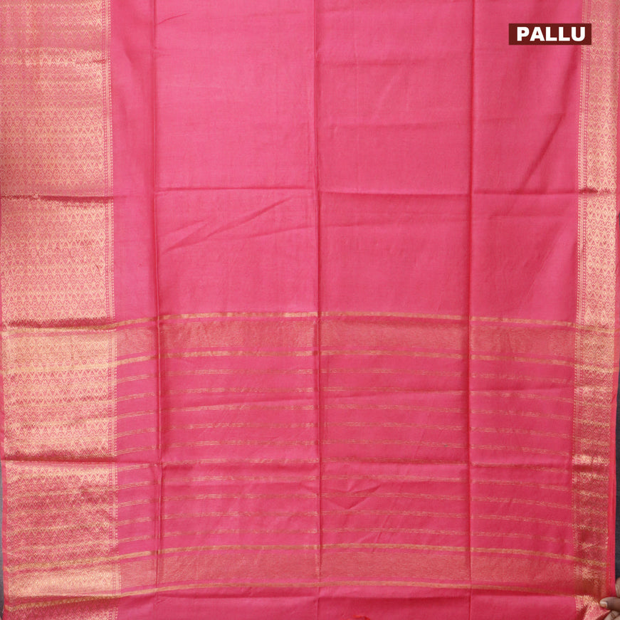 Semi tussar saree pink and teal blue with plain body and long copper zari woven border & kalamkari printed blouse