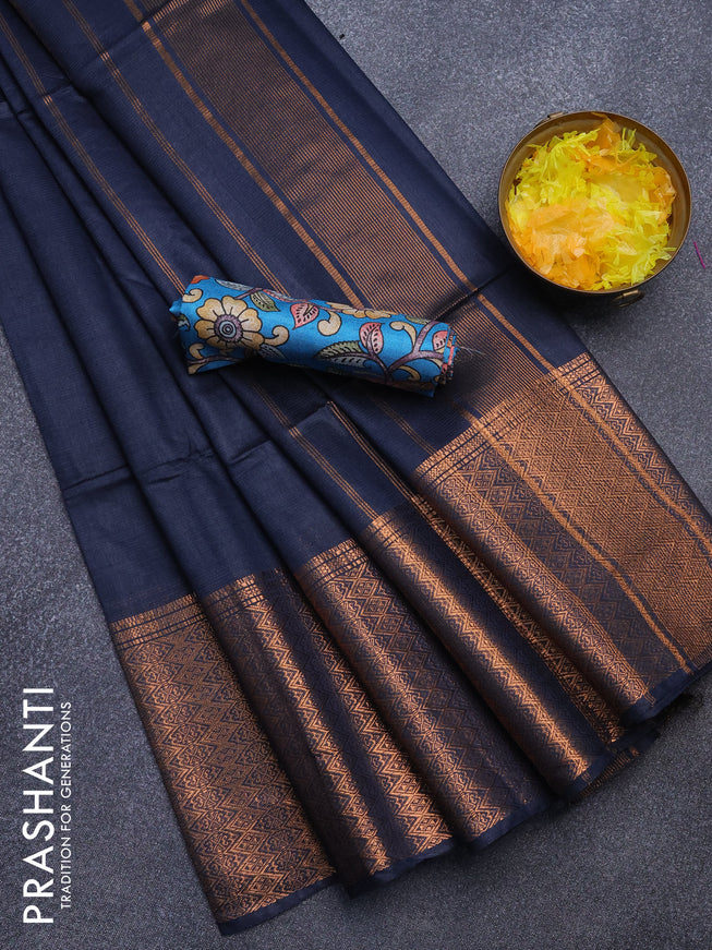 Semi tussar saree navy blue and teal blue with plain body and long copper zari woven border & kalamkari printed blouse