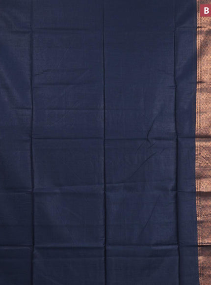 Semi tussar saree navy blue and teal blue with plain body and long copper zari woven border & kalamkari printed blouse