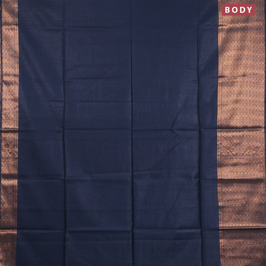 Semi tussar saree navy blue and teal blue with plain body and long copper zari woven border & kalamkari printed blouse