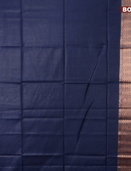 Semi tussar saree navy blue and royal blue with plain body and long copper zari woven border & kalamkari printed blouse